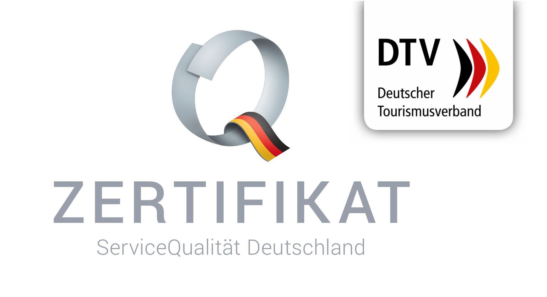 Logo featuring a silver Q with a black, red, and yellow ribbon, text ZERTIFIKAT ServiceQualität Deutschland, and a box with DTV Deutscher Tourismusverband and three ribbon-like stripes.